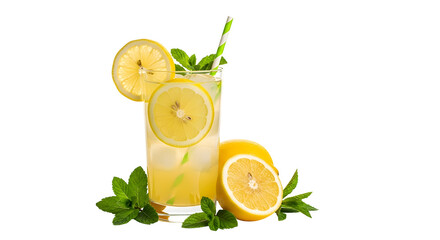 Refreshing lemonade isolated on transparent background, a cool beverage with lemon slices and mint leaves for summer