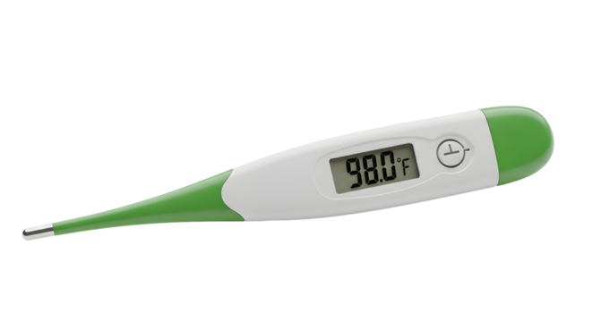 Digital thermometer showing a temperature of 986 degrees fahrenheit isolated on transparent background
