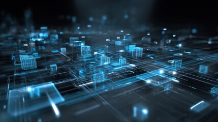 A futuristic digital landscape featuring glowing blue cubes and grids, representing data processing and technology.