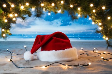 A Festive Holiday by the Sea: Santa Hat on Sandy Beach with Christmas Lights and Ocean Backdrop.