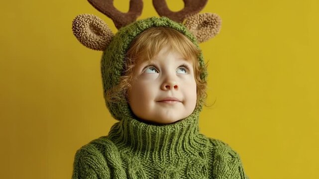 A young child with curly hair wears a green knit sweater and a matching hood with brown antlers and ears looking up against a solid yellow background