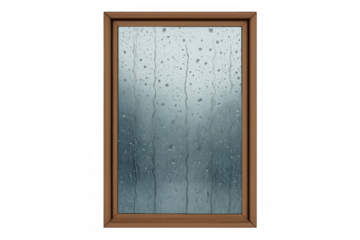 Raindrops splashing and flowing on window glass with a wooden frame during heavy rain weather
