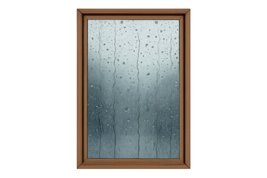 Raindrops splashing and flowing on window glass with a wooden frame during heavy rain weather - Powered by Adobe