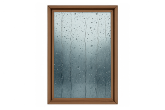 Raindrops splashing and flowing on window glass with a wooden frame during heavy rain weather