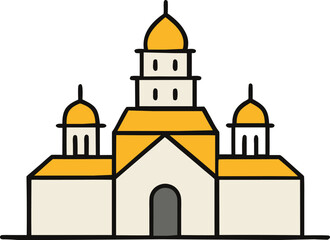 Stylized flat icon of a grand church building with multiple domes and a central spire isolated on transparent background