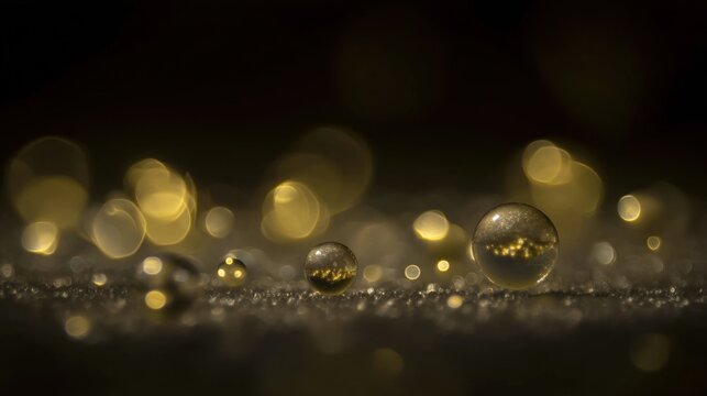 This image showcases a beautiful arrangement of golden bokeh with water droplets in focus, creating a dreamy and artistic effect.