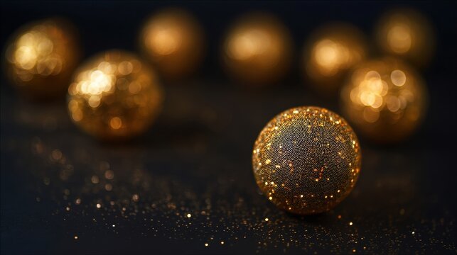 A captivating image featuring golden glittering spheres, beautifully blurred in the background. The shimmering surfaces create a magical effect.
