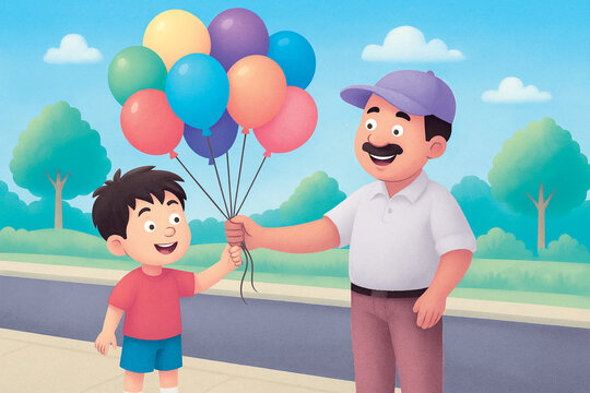 Boy Receiving Colorful Balloons from Street Vendor