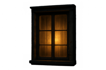 Window glowing warm light at night, showing cozy inviting atmosphere, isolated with transparent background