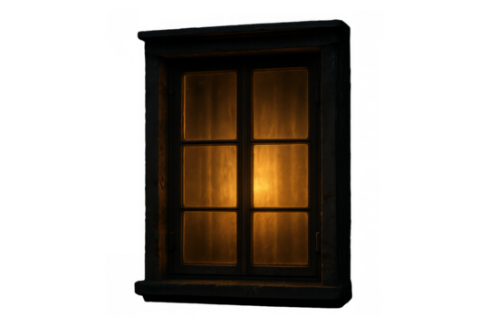 Window glowing warm light at night, showing cozy inviting atmosphere, isolated with transparent background