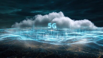 An artistic representation of a digital cloud containing the label 5G, surrounded by a cityscape and interconnected lines, portraying advanced technology.