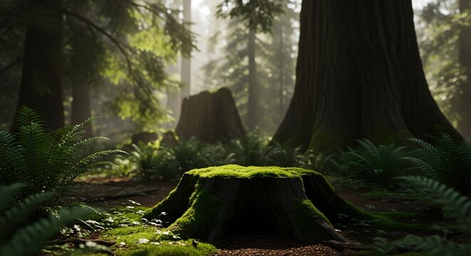Moss Covered Tree Stump Product Display Podium in Enchanted Deep Forest with Redwood Trees, Sunlight Rays, and Fog for Natural Skincare or Eco Product Mockup