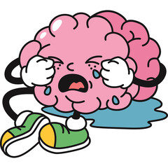 Cartoon Brain Character Crying Tears of Sadness Wearing Sneakers Sitting on Puddle With Transparent Background