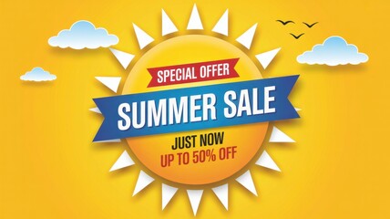 Summer sale vector design featuring a bright sun and clouds perfect for advertising and promotional materials
