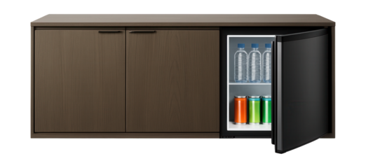 A sideboard with a mini-fridge, perfect for keeping refreshments in your home office.