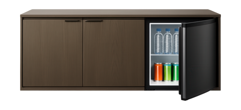 A sideboard with a mini-fridge, perfect for keeping refreshments in your home office.