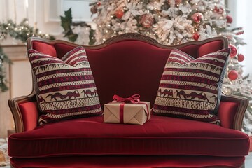 Cozy Christmas Setting: A Sumptuous Red Velvet Settee with Pillows and Gift Adorned with a Ribbon, Nestled Near a Decorated Christmas Tree