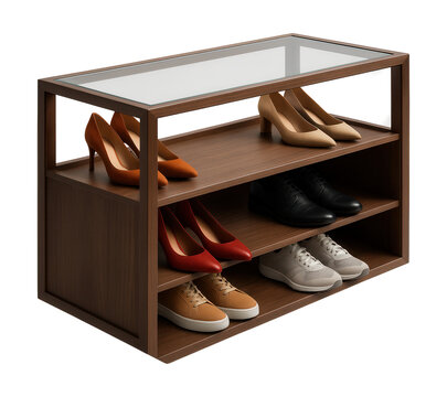 A shoe cabinet with a glass top and open shelves, ideal for displaying stylish footwear.