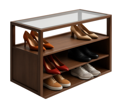 A shoe cabinet with a glass top and open shelves, ideal for displaying stylish footwear.