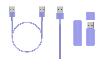 Purple USB cables and USB flash drive. USB plug with wire loop	