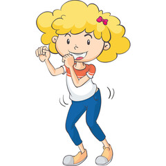 Cartoon illustration of a happy blonde girl with curly hair wearing a red and white t-shirt and blue jeans dancing energetically against a white background with transparent elements