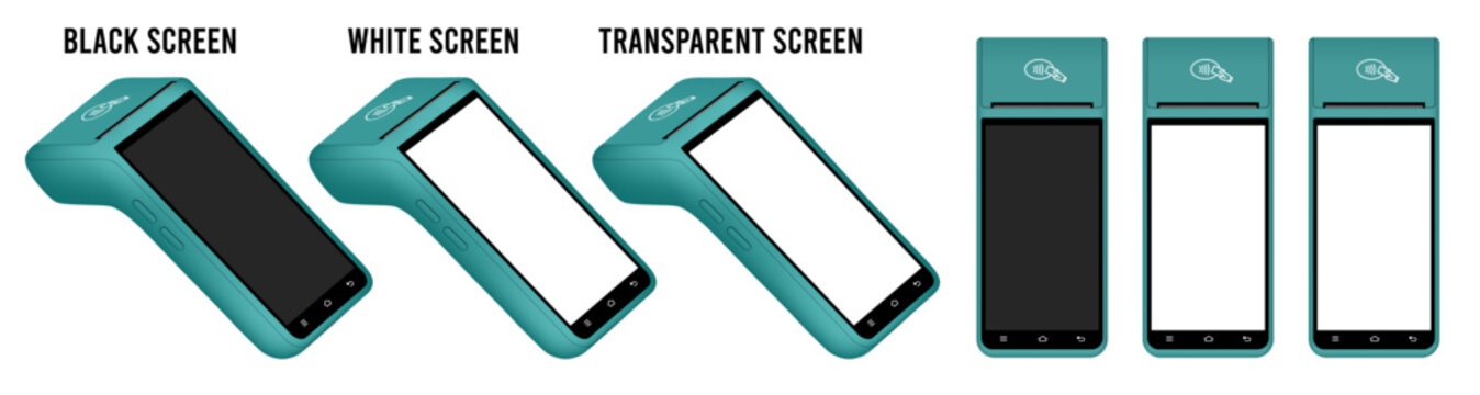 POS Terminal with black, white and transparent screen. Mockup of a teal green wireless terminals. NFC payment machine. Credit cards are accepted here. Payments device. Banking equipment