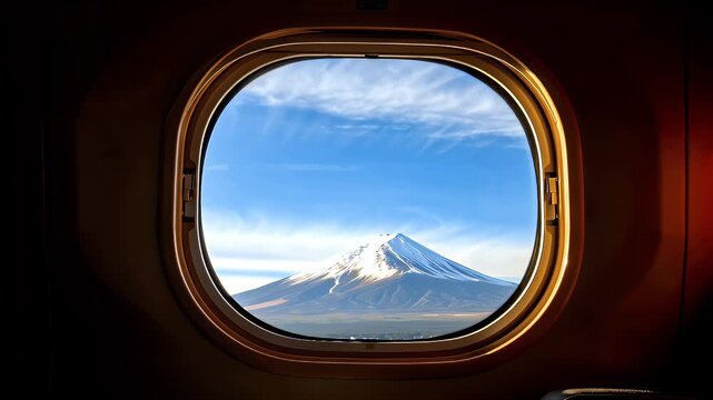 Panoramic snow capped mountain scene framed by a round aircraft window during flight