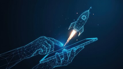 Digital hand launching a rocket from a tablet futuristic technology concept for startup and business growth vector illustration