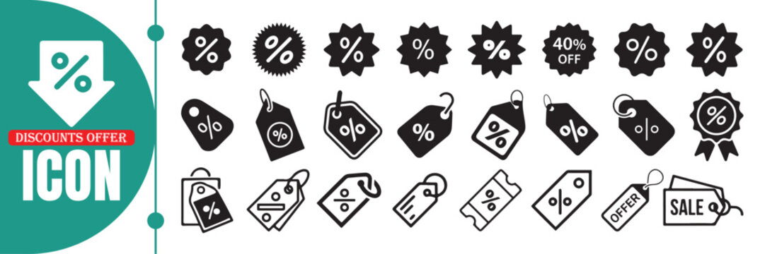Black Discount and Sale Tag Icons Set &ndash; Percentage, Offer, and Coupon Symbols for Shopping and E-Commerce Design