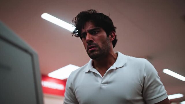 A man is angry at a malfunctioning ATM at a shopping mall. His facial expression seems to indicate technical problems, and his emotions and gestures are reflected in it.