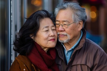 Portrait of a blissful asian couple in their 50s giving a kiss on the forehead