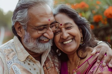 Portrait of a smiling indian couple in their 50s giving a kiss on the forehead
