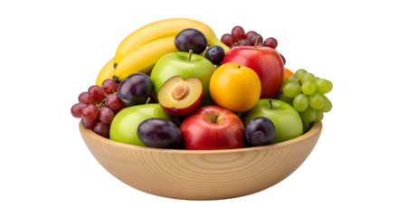Wooden bowl full of fresh and colorful fruits isolated on transparent background, healthy eating concept
