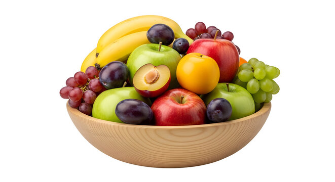 Wooden bowl full of fresh and colorful fruits isolated on transparent background, healthy eating concept
