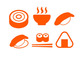 Japanese Food and Sushi Orange Silhouette Icons Set