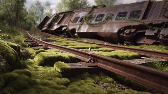 Amidst lush greenery, an abandoned train lay derailed on rusted tracks. Nature has reclaimed the area, covering the train with moss and flowers, creating an eerie yet beautiful scene