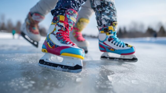 Colorful close up of skates gliding on frozen outdoor ice, children’s legs in patterned winter pants, active winter sport, motion and childhood fun, cold season energy