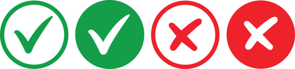 Obraz premium Green checkmark tick and red X icons. Set green approval check mark and red cross icons in circle isolated tick symbols.