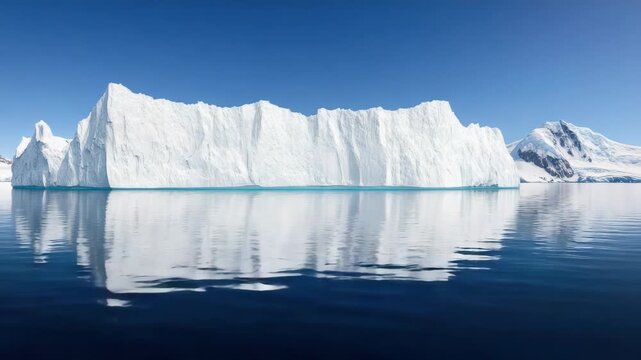 Iceberg floating in calm polar ocean with reflective blue sky and snow covered mountain horizon, serene cold polar reflection of iceberg and calm sea under crisp blue sky