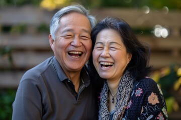 Portrait of a joyful asian couple in their 50s having fun