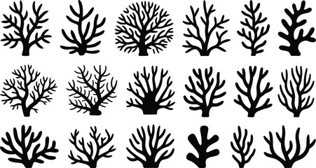 Coral silhouettes, marine vector, ocean shapes, reef clipart, underwater icons, sea life graphics, black coral set, aquatic design elements