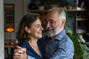 Portrait of a satisfied caucasian couple in their 50s dancing together