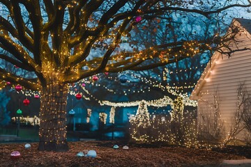 Enchanting Holiday Glow: A Tree Adorned with Festive Lights Illuminates a Winter Evening Scene