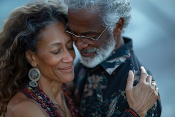 Portrait of a blissful mixed race couple in their 50s dancing together