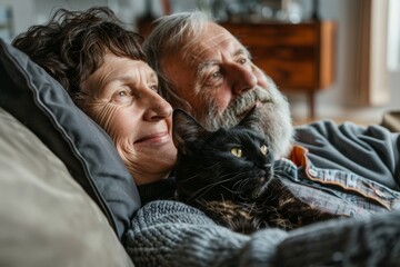 Portrait of a cheerful couple in their 50s relaxing with their cat on the sofa