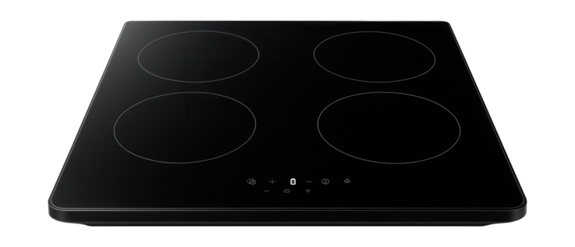 A modern black glass cooktop with touch controls for stylish apartment kitchens.