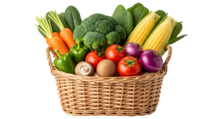 Freshly harvested vegetables in a wicker basket isolated on transparent background, a healthy and colorful assortment