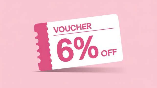 Discount voucher with 6 off promotional coupon design for retail sales isolated on pink background