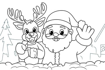 Cheerful Santa Claus and His Friendly Reindeer Waving in a Snowy Winter Scene Illustration