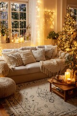 A cozy living room decorated for Christmas with a glowing tree, soft neutral sofa, patterned pillows, and warm lights creating a festive and inviting atmosphere